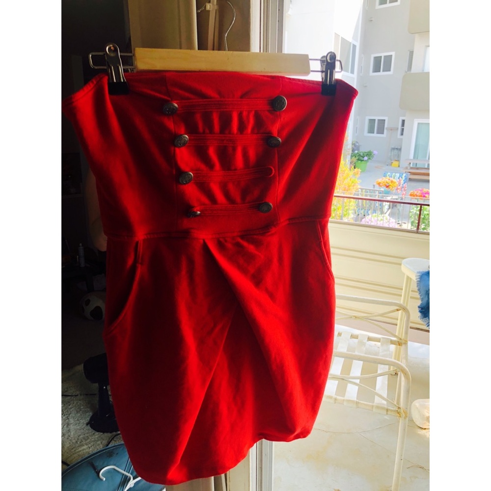 Red strapless mini dress